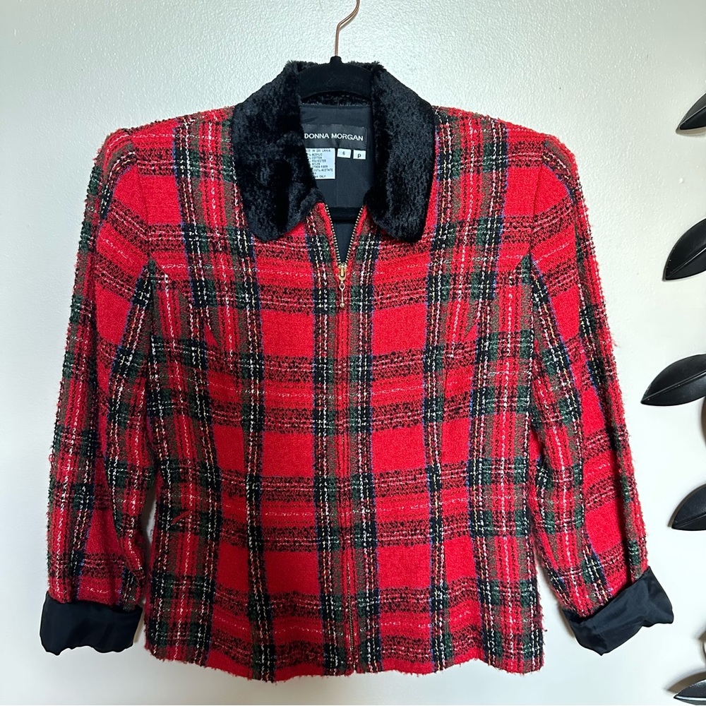 Donna Morgan petite red plaid zip up blazer with black faux fur collar detail